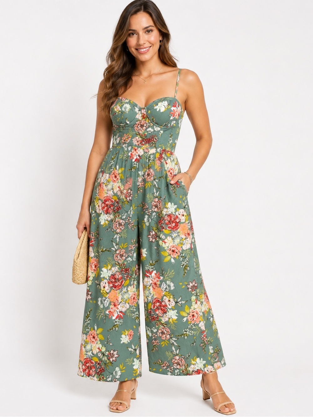 Band of the Free Floral Wide Leg Jumpsuit Size M Sage Green Boho